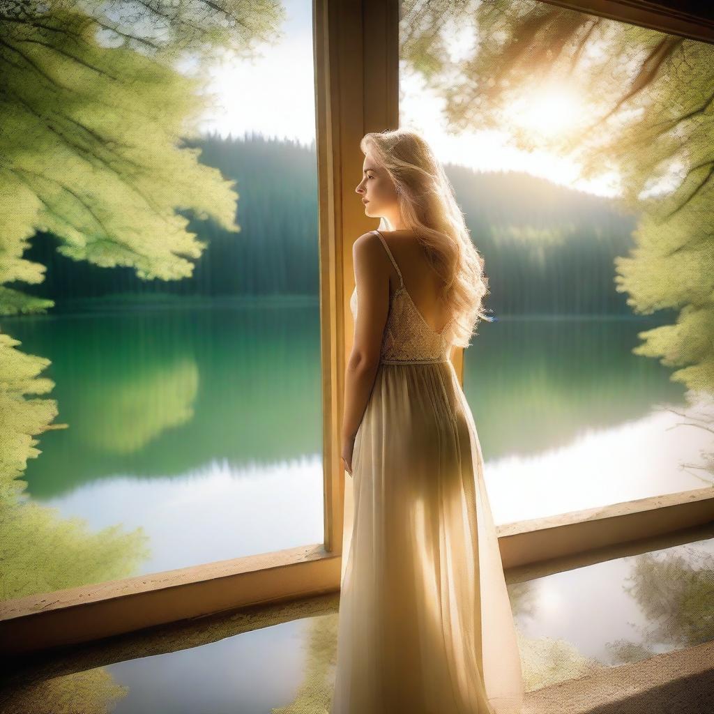 A beautiful blonde woman in a sheer dress standing by a panoramic window overlooking a lake in a lush green forest