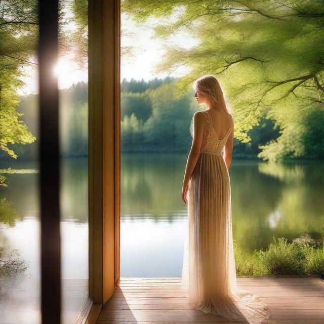 A beautiful blonde woman in a sheer dress standing by a panoramic window overlooking a lake in a lush green forest