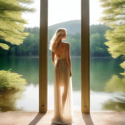 A beautiful blonde woman in a sheer dress standing by a panoramic window overlooking a lake in a lush green forest