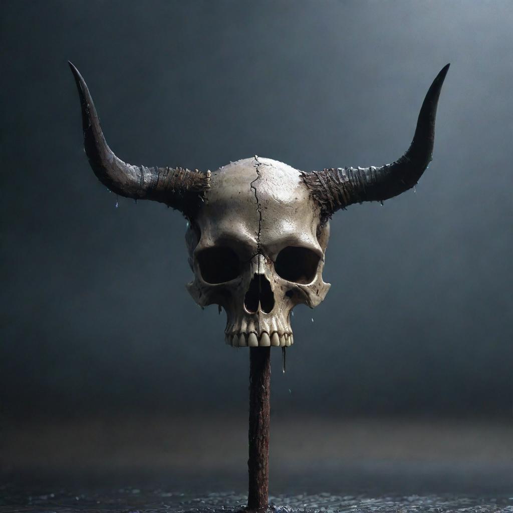 A menacing 3D image of a horned skull perched atop a spiked stick, under a rainfall that cascades off its surface, enhancing the grim and ominous atmosphere.