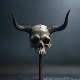 A menacing 3D image of a horned skull perched atop a spiked stick, under a rainfall that cascades off its surface, enhancing the grim and ominous atmosphere.