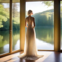 A beautiful blonde woman in a sheer dress standing by a panoramic window overlooking a lake in a lush green forest