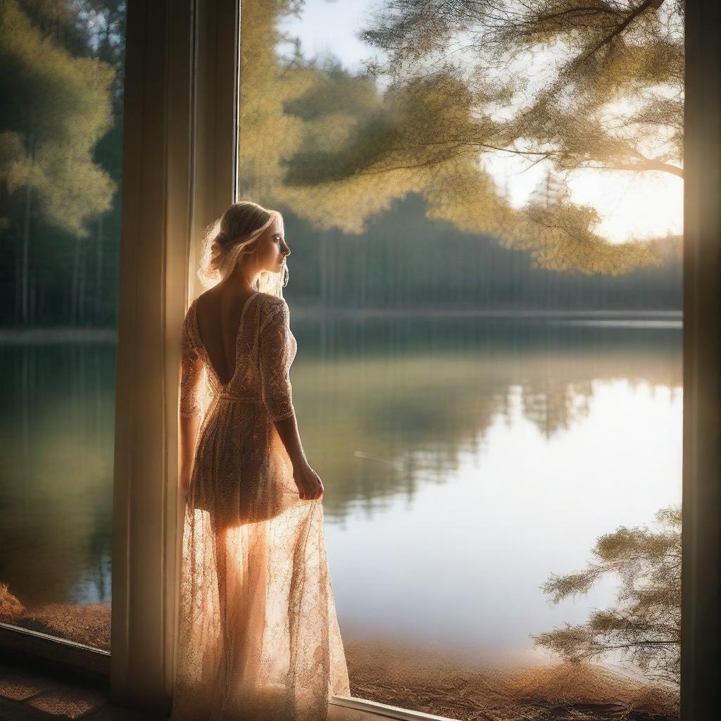 A beautiful blonde woman in a sheer dress standing by a large window overlooking a lake in a forest