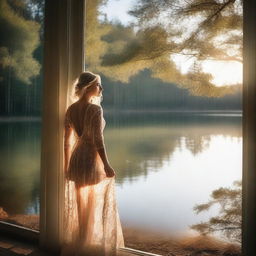 A beautiful blonde woman in a sheer dress standing by a large window overlooking a lake in a forest