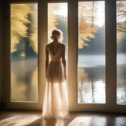 A beautiful blonde woman in a sheer dress standing by a large window overlooking a lake in a forest