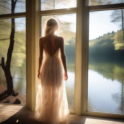 A beautiful blonde woman in a sheer dress standing by a large window overlooking a lake in a forest