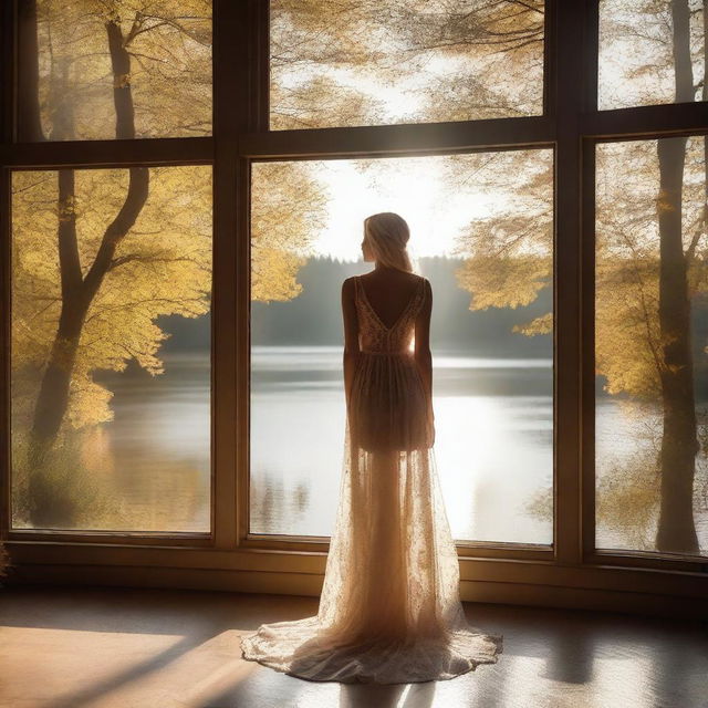 A beautiful blonde woman in a sheer dress standing by a large window overlooking a lake in a forest