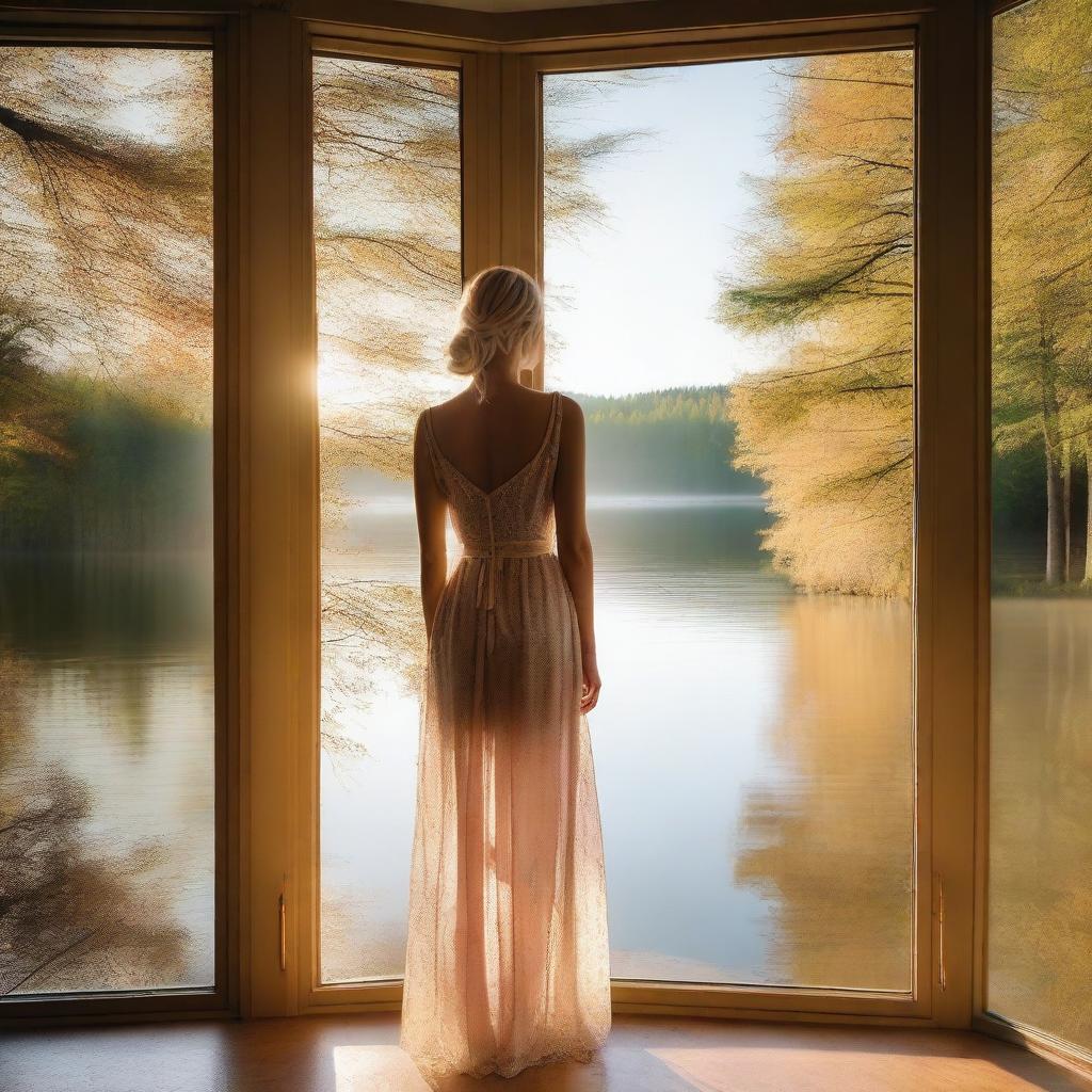 A beautiful blonde woman in a sheer dress standing by a frameless panoramic window overlooking a lake in a forest