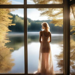 A beautiful blonde woman in a sheer dress standing by a frameless panoramic window overlooking a lake in a forest