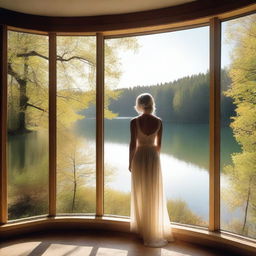 A beautiful blonde woman in a sheer dress standing by a frameless panoramic window overlooking a lake in a forest