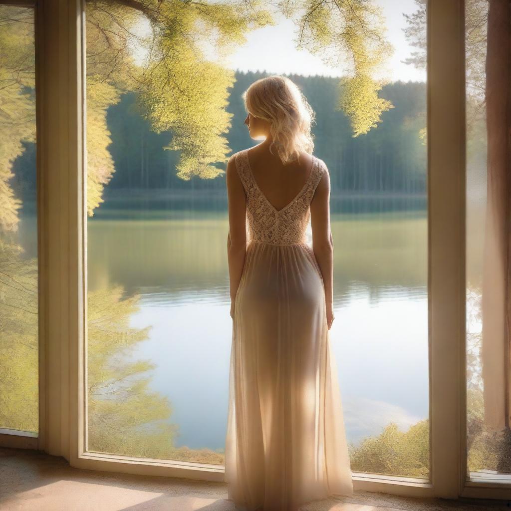 A beautiful blonde woman in a sheer dress standing by a frameless panoramic window overlooking a lake in a forest