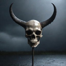 A menacing 3D image of a horned skull perched atop a spiked stick, under a rainfall that cascades off its surface, enhancing the grim and ominous atmosphere.