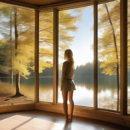 A beautiful blonde woman standing by a frameless panoramic window overlooking a lake in a forest