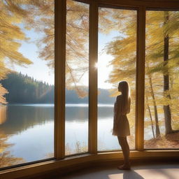 A beautiful blonde woman standing by a frameless panoramic window overlooking a lake in a forest