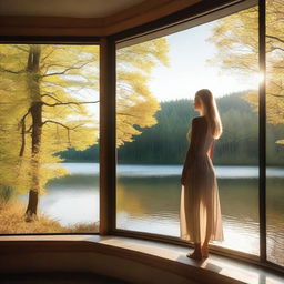 A beautiful blonde woman standing by a frameless panoramic window overlooking a lake in a forest