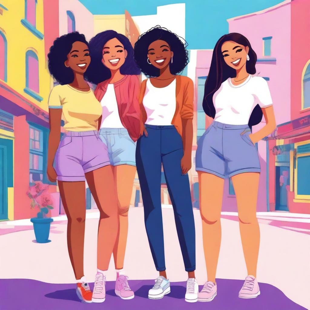 A group of diverse and stylish girls standing together, smiling and having fun