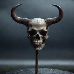 A menacing 3D image of a horned skull perched atop a spiked stick, under a rainfall that cascades off its surface, enhancing the grim and ominous atmosphere.