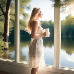 A young blonde woman in a summer dress holding a white mug, standing by a frameless panoramic window overlooking a lake in a forest during summer