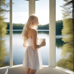 A young blonde woman in a summer dress holding a white mug, standing by a frameless panoramic window overlooking a lake in a forest during summer