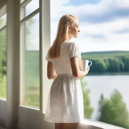 A young blonde woman in a summer dress holding a white mug, standing by a frameless panoramic window overlooking a lake in a forest during summer