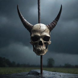 A menacing 3D image of a horned skull perched atop a spiked stick, under a rainfall that cascades off its surface, enhancing the grim and ominous atmosphere.