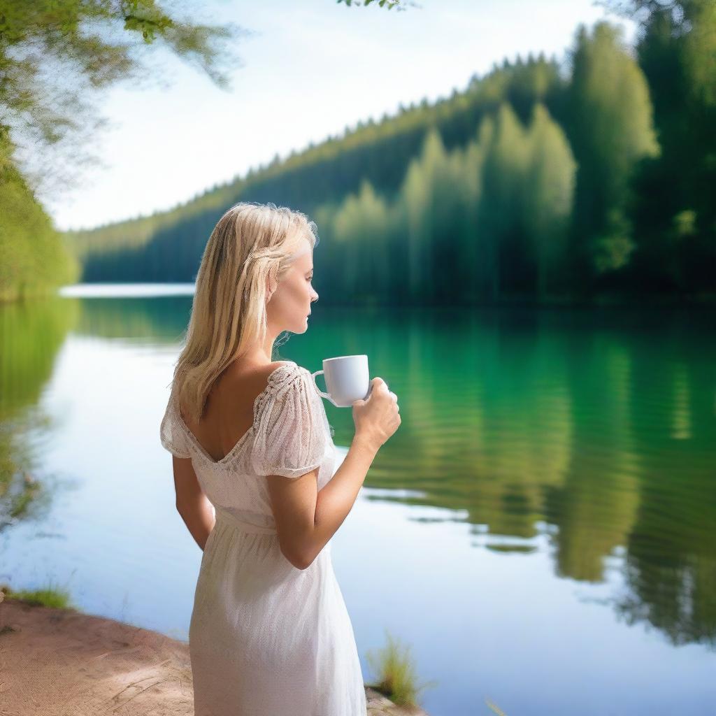 A blonde woman in a dress holding a white mug, standing with a view of a lake in a forest during summer