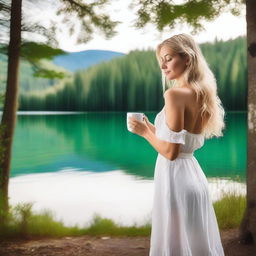 A blonde woman in a dress holding a white mug, standing with a view of a lake in a forest during summer