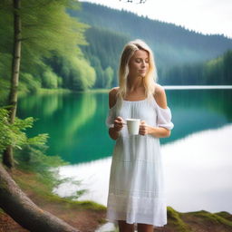 A blonde woman in a dress holding a white mug, standing with a view of a lake in a forest during summer