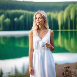 A blonde woman in a dress holding a white mug, standing with a view of a lake in a forest during summer