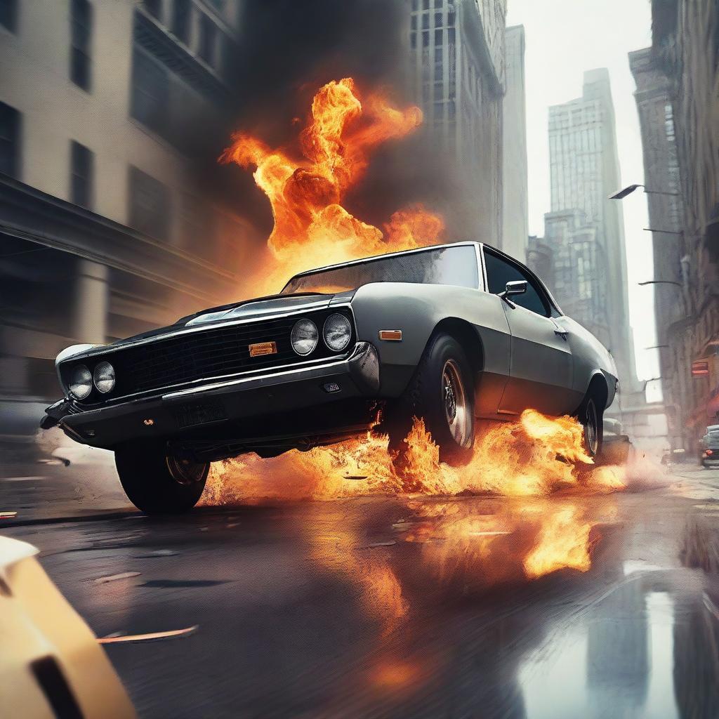 A dynamic movie poster featuring a car bursting out of a building's window with flames on its tires