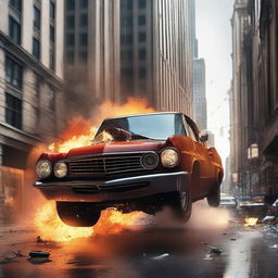 A dynamic movie poster featuring a car bursting out of a building's window with flames on its tires