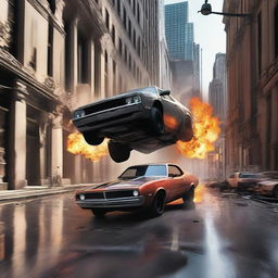 A dynamic movie poster featuring a car bursting out of a building's window with flames on its tires