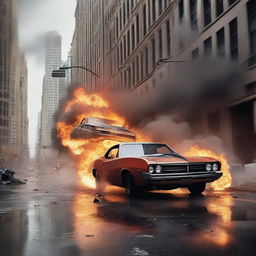 A dynamic movie poster featuring a car bursting out of a building's window with flames on its tires