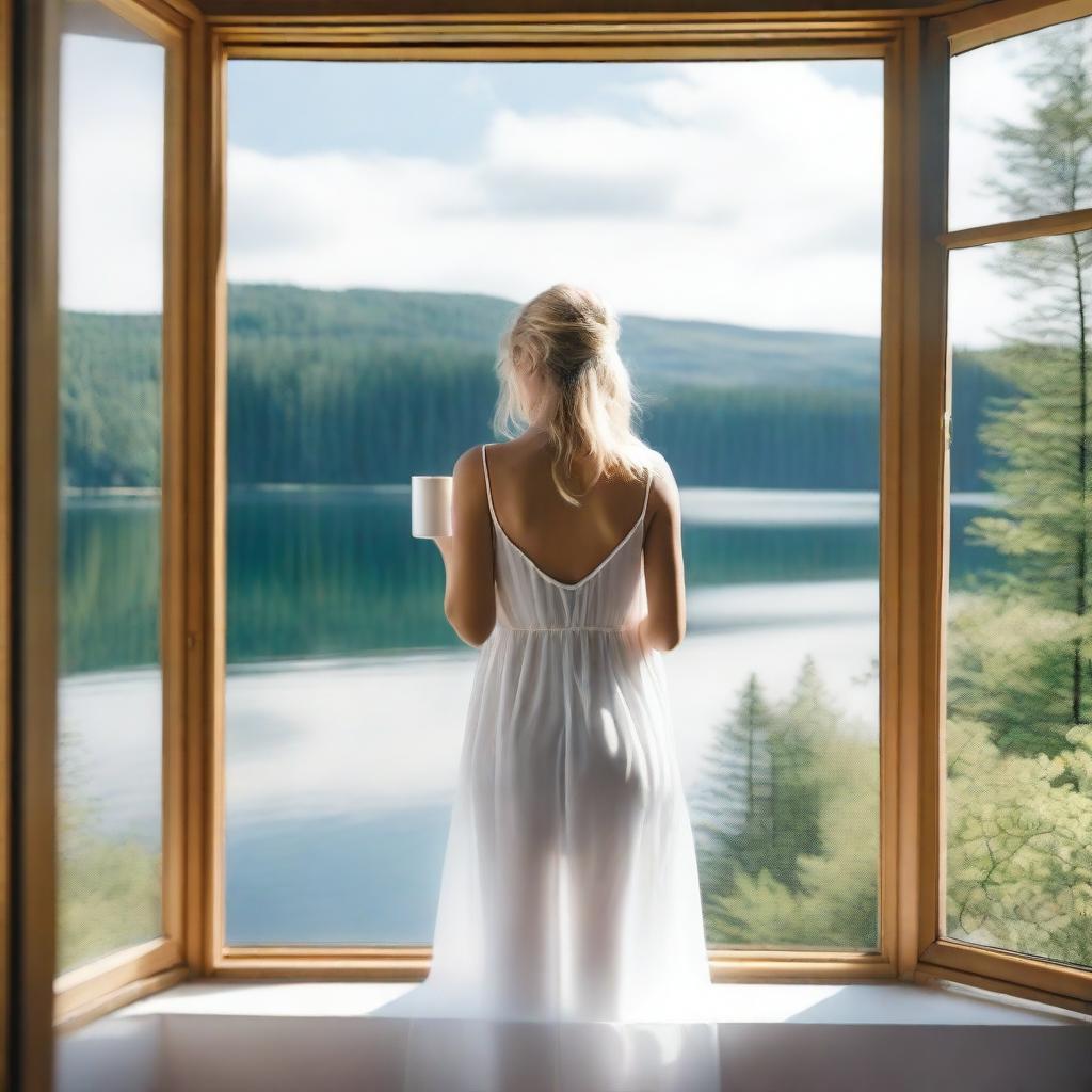 A young blonde woman in a dress holding a white mug, standing by a frameless panoramic window with a view of a lake in a forest during summer