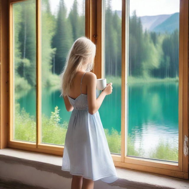 A young blonde woman in a dress holding a white mug, standing by a frameless panoramic window with a view of a lake in a forest during summer