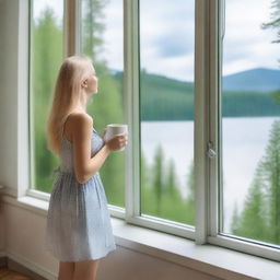 A young blonde woman in a dress holding a white mug, standing by a frameless panoramic window with a view of a lake in a forest during summer