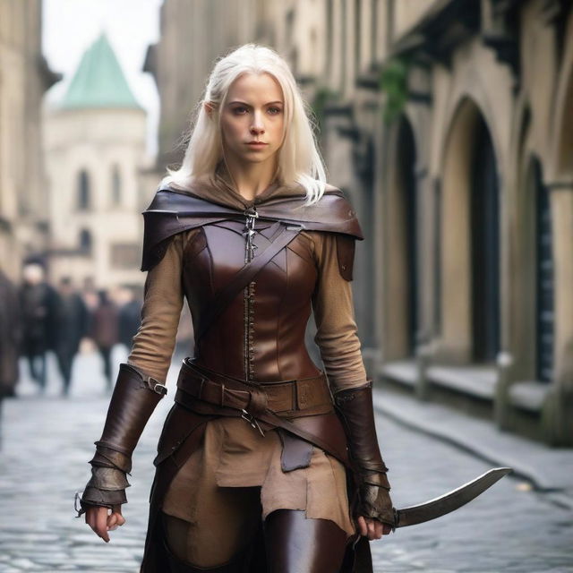 A 30-year-old female elvish rogue with shoulder-length platinum blond hair and short pointed ears