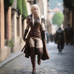 A 30-year-old female elvish rogue with shoulder-length platinum blond hair and short pointed ears