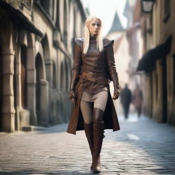 A 30-year-old female elvish rogue with shoulder-length platinum blond hair and short pointed ears