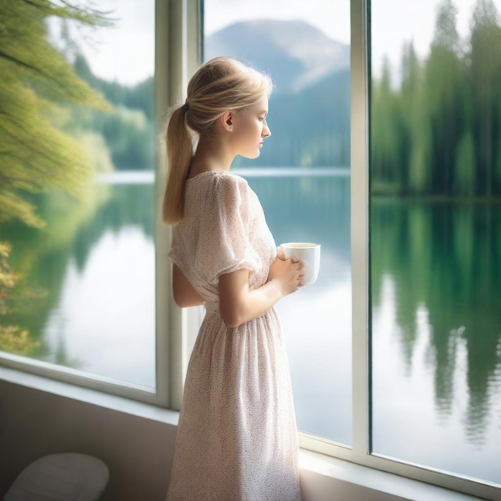 A young blonde woman in a dress holds a white mug, standing by a frameless panoramic window with a view of a lake in a forest during summer