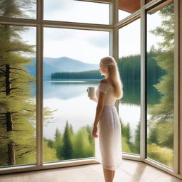 A young blonde woman in a dress holds a white mug, standing by a frameless panoramic window with a view of a lake in a forest during summer