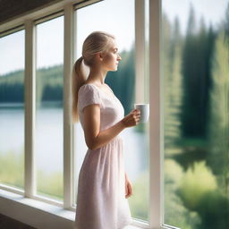 A young blonde woman in a dress holds a white mug, standing by a frameless panoramic window with a view of a lake in a forest during summer