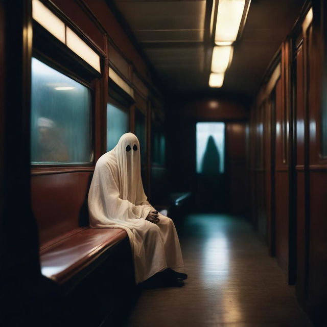 A mysterious ghostly passenger sitting alone on a vintage train at night