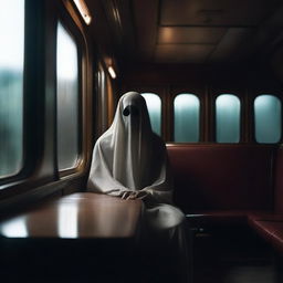 A mysterious ghostly passenger sitting alone on a vintage train at night