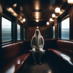 A mysterious ghostly passenger sitting alone on a vintage train at night