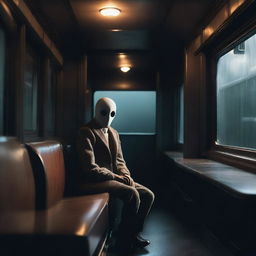 A mysterious ghostly passenger sitting alone on a vintage train at night