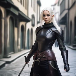 An elvish rogue, a 30-year-old female with shoulder-length platinum blond hair and short pointed ears, is standing on a medieval city street