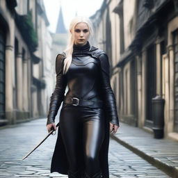 An elvish rogue, a 30-year-old female with shoulder-length platinum blond hair and short pointed ears, is standing on a medieval city street