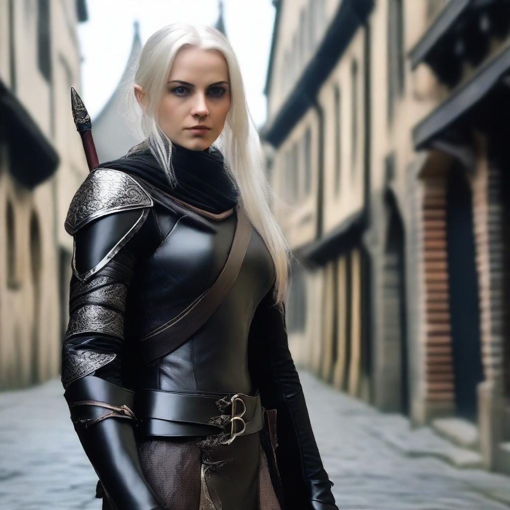 An elvish rogue, a 30-year-old female with shoulder-length platinum blond hair and short pointed ears, is standing on a medieval city street