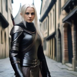 An elvish rogue, a 30-year-old female with shoulder-length platinum blond hair and short pointed ears, is standing on a medieval city street